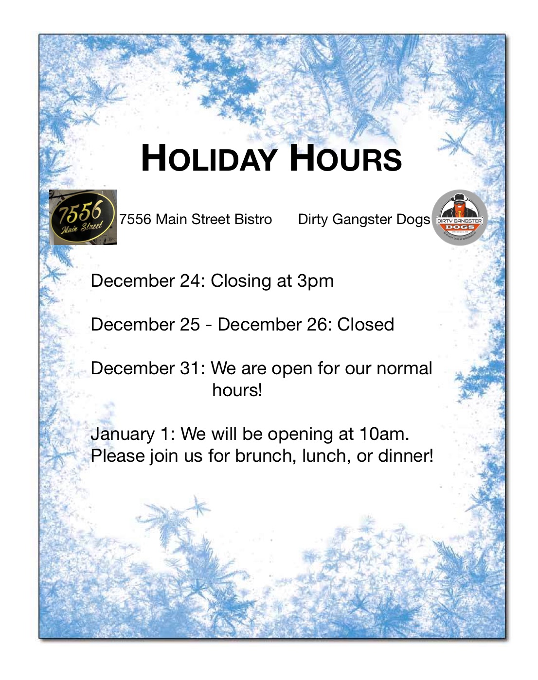 Holiday Hours Announcement